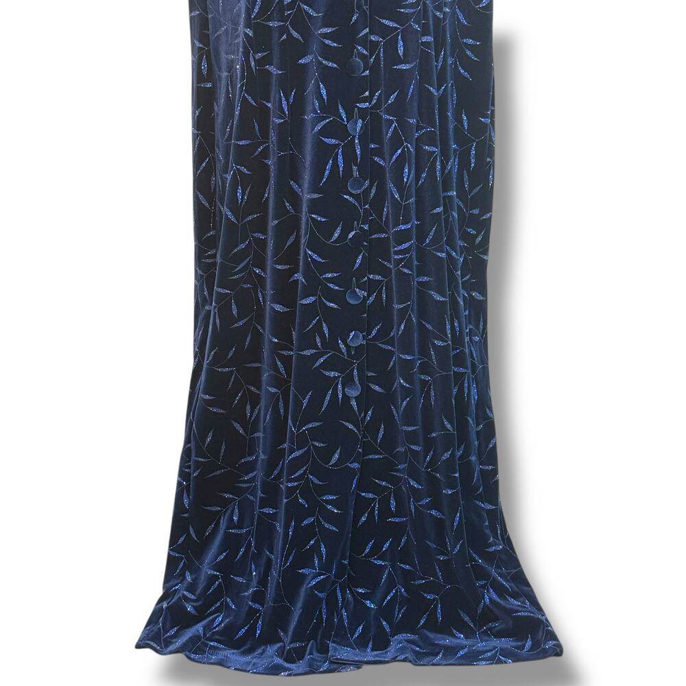 Another Thyme Blue Velvet Maxi Dress Glitter Leaf Pattern Vintage 18 Large 8 -10 - Picture 5 of 13